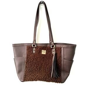 Rachel Zoe Brown Sherpa Leather Purse Hand Shoulder Bag Pockets Snap Straps Glam